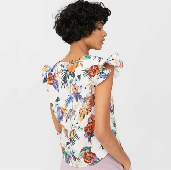 Mango Tropical Print Ruffle Cap Sleeve Cotton Top Ruched Side (Mango 6 = US S) - Picture 3 of 8